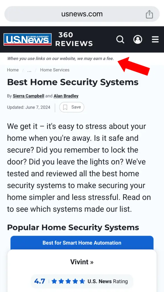 usnews affiliate disclosure home security systems adt authorized dealers near me